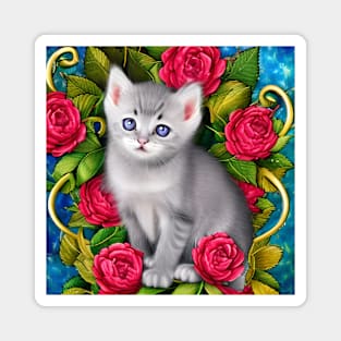 Cute Kitten In Roses Magnet