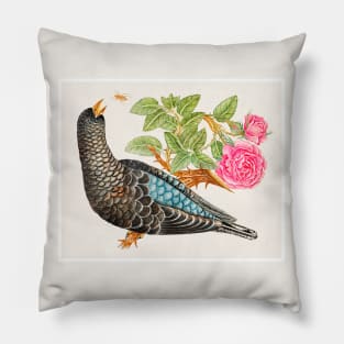 Blue-Black Bird on Rose Branch with Spider (18th Century) Pillow