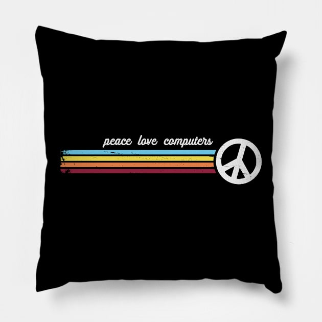 Retro Stripes Peace Love Computers Pillow by Jitterfly