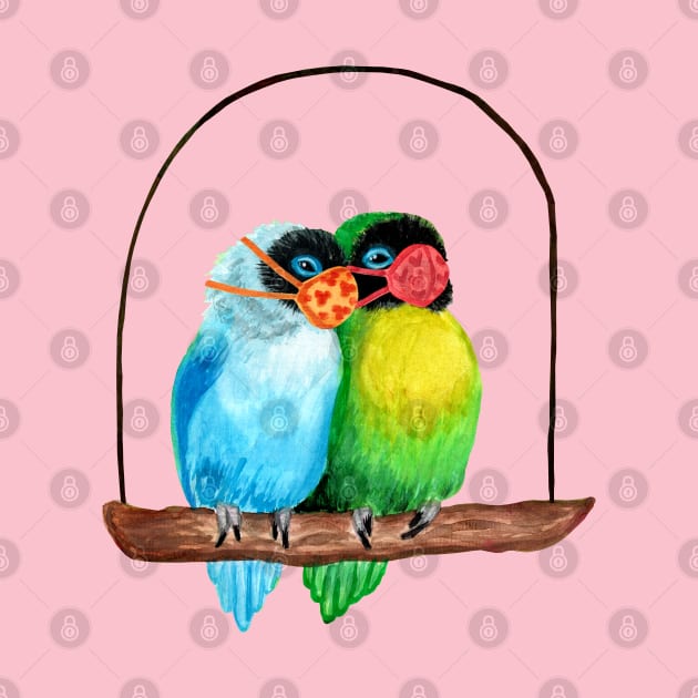 Lovebirds Wearing Face Masks Watercolor by IvyLilyArt