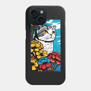 Scottish Fold Cat Vibrant Tropical Flower Tall Retro Vintage Digital Pop Art Portrait 3 Phone Case