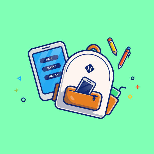 Backpack, Hand Phone, Tablet, Pen, And Pencil Cartoon by Catalyst Labs