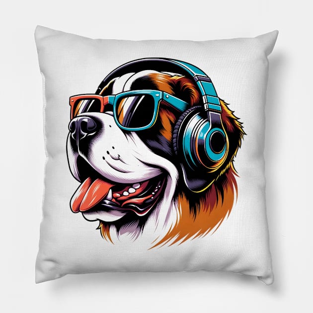 Smiling Saint Bernard DJ Grooves in Japanese Style Pillow by ArtRUs