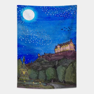 Edinburgh Castle By Night Retro Inspired Style Illustration Tapestry