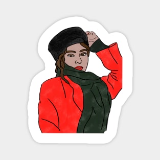 Lady in red coat with black hat, digital portrait painting. Magnet