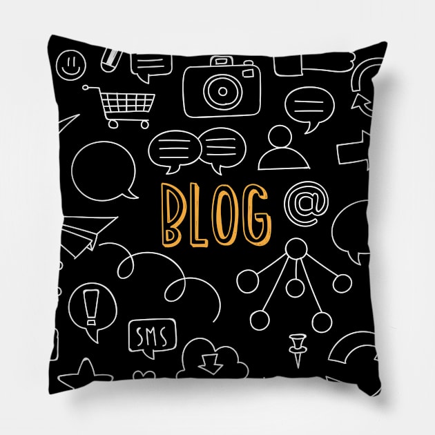 Internet icons around blog sign, SEO optimization Pillow by Muse