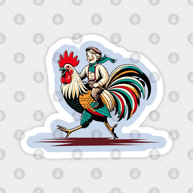 Kid riding on a rooster Magnet by Art_Boys