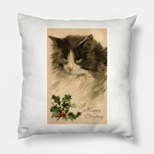 Beautiful cat with Holly wishing a happy Christmas Pillow