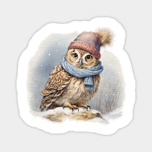 Adorable cute owl wearing a hat and scarf Magnet