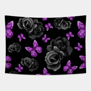 Purple Butterflies and Black Roses w/ Black Background Tapestry