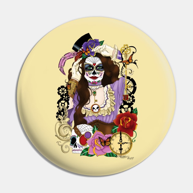 Steampunk Sugar Skull Pin by tigressdragon