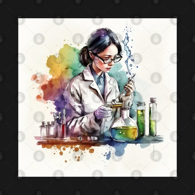 Watercolor illustration of Woman scientist working in the lab by Danielleroyer