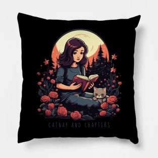 Girl with Cat Reading Book Moonlight Catnap Pillow