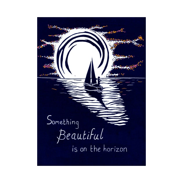 Something Beautiful is on The Horizon, Inspirational Linocut in Blue and Red by Maddybennettart