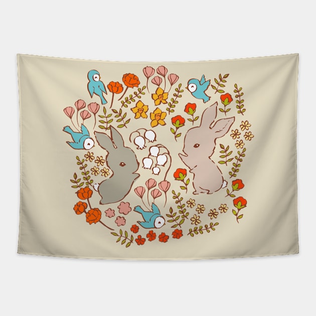 Vintage Bunnies in Spring Tapestry by Cecilia Mok