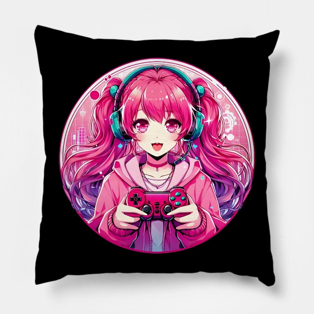 Gamer girl pinkish Pillow by Japanese Fever