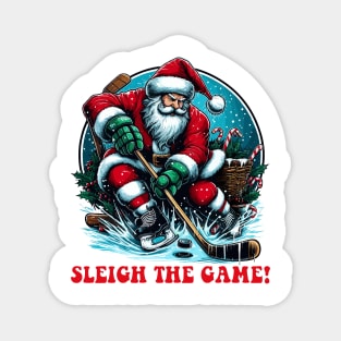 Santa Playing Ice Hockey Magnet