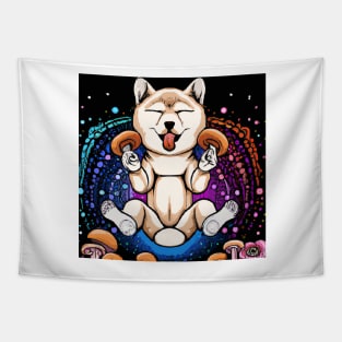 Psychedelic Shibu Inu Eating Shrooms Floating In Space Tapestry