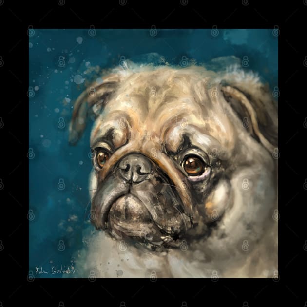 Expressive painting of a Pug on a dark blue background by ibadishi