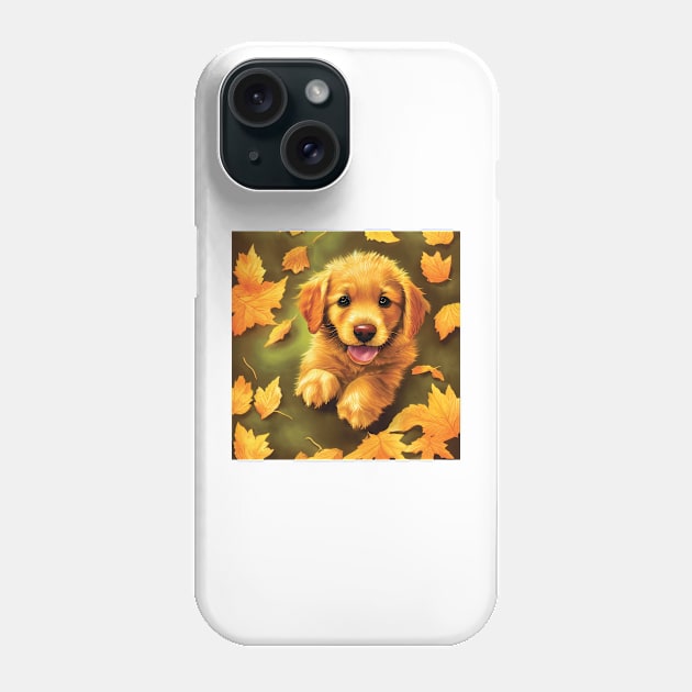 Golden Labrador Puppy in Beautiful Autumn Leaves Phone Case by Geminiartstudio