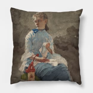 Young Woman Sewing by Winslow Homer Pillow