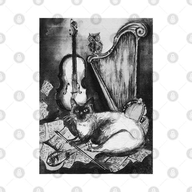 MUSICAL CAT AND OWL WITH MUSIC INSTRUMENTS In Black White by BulganLumini