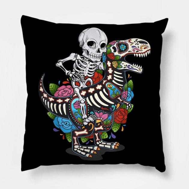 Skeleton Riding Dinosaur T rex dia de los muertos Pillow by HBart