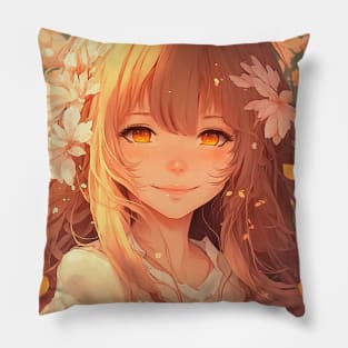 Kawaii Joyful Anime Girl Fall Lover Cute Smile Pillow