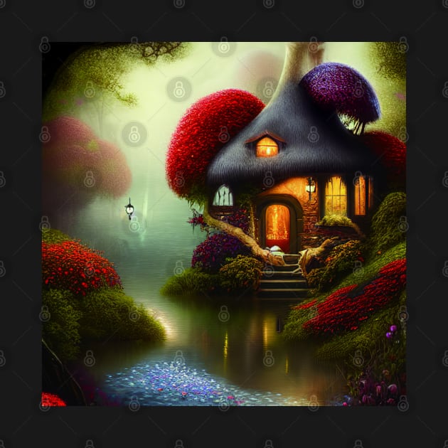 Sparkling Fantasy Cottage with Lights and Glitter Background in Forest, Scenery Nature by Promen Art