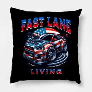 Fast Lane Living Racecar USA American Flag Car Racing America Pillow