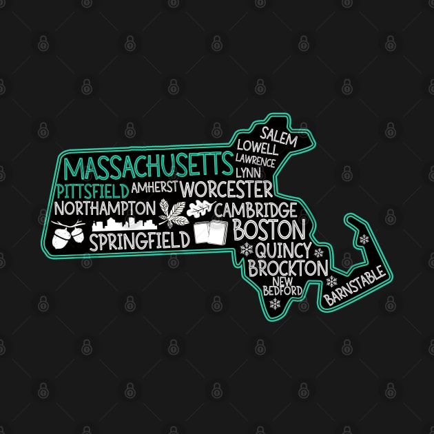 Massachusetts Pittsfield cute map Lowell Lawrence Lynn Worcester Springfield by BoogieCreates