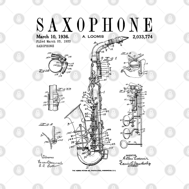 Saxophone Old Vintage Patent Drawing Print BLACK by Grandeduc