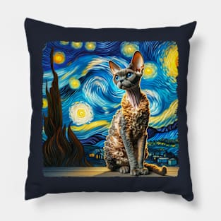 Devon Rex Starry Night Inspired - Artistic Cat Pillow