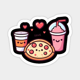 Cute Kawaii Food Art | Pizza Party with Pepperoni Pizza, Cola and Milkshake Magnet