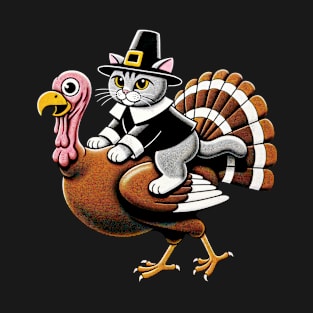 Pilgrim Hat Cat on Turkey - Funny Thanksgiving Fall Print T-Shirt