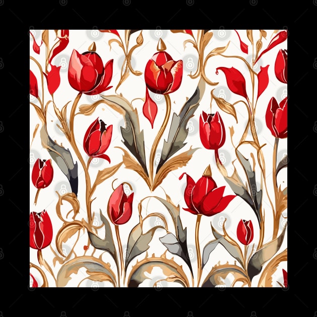 Red Gold Ash Turkish Tulips Ottoman Pattern by Siha Arts