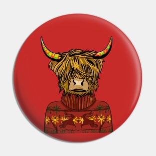 Scottish Highland Cow Wearing A Red Sweatshirt Pin