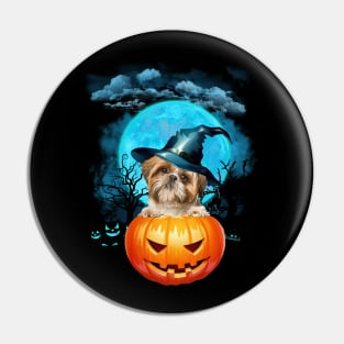 Shih Tzu Witch Hat Pumpkin And Blue Moon Halloween Pin