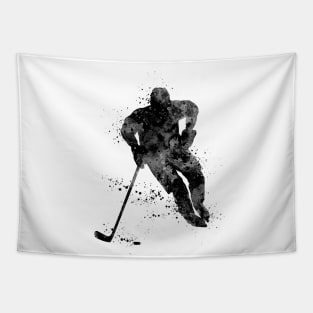 Ice Hockey Boy Player Black and White Silhouette Tapestry