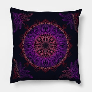 Purple Gradient Mandala Design on Black Background Pillow