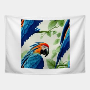 Colorful Blue Macaw on Perch, Seamless Tile Pattern Tapestry