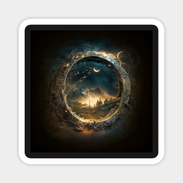 One Ring Portal View of Mountains and Forest Under A Night Sky Magnet by entwithanaxe