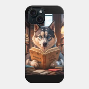 Siberian husky reading book  in library Phone Case