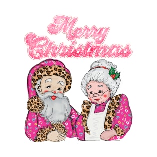 Retro Vintage Pink Santa Claus Christmas Leopard Print T-Shirt