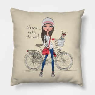 Hipster girl with bike and dog Pillow