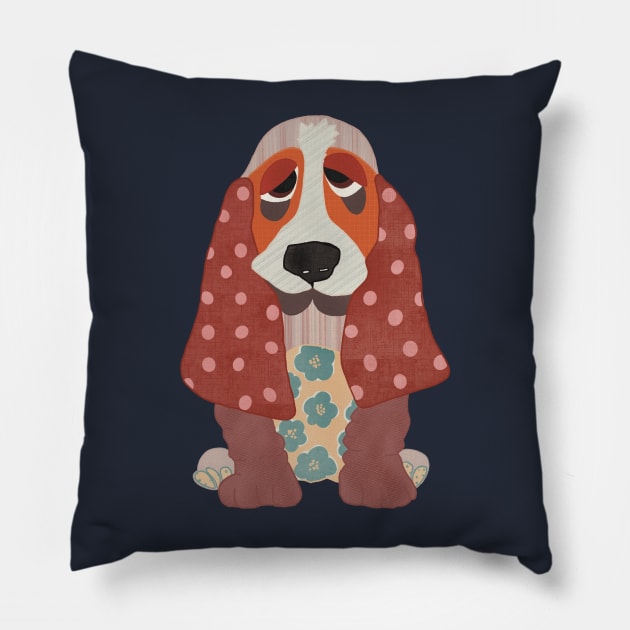 Hamish the Appliqué Patchwork Basset Hound Puppy with florals and polka dots Pillow by NattyDesigns