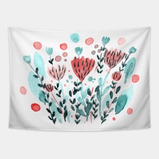 Watercolor whimsical flowers - coral and green Tapestry