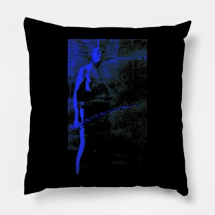 Portrait, digital collage and special processing. Dark fantasy. Man with spike. Blue, very bright. Pillow