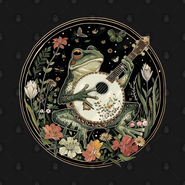 Goblincore Fungi Frog Playing His Banjo Flowers Frog Lover by RetroZin