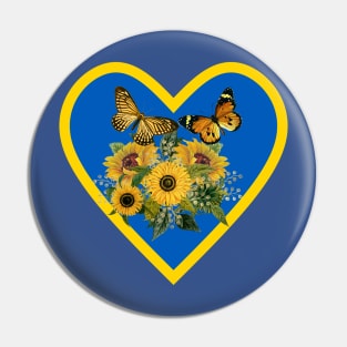 Golden Sunflowers and Butterflies in Sapphire Blue and Yellow Heart Pin